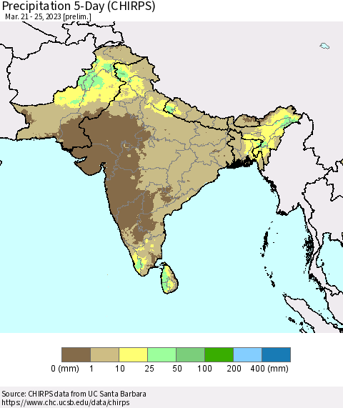 Southern Asia Precipitation 5-Day (CHIRPS) Thematic Map For 3/21/2023 - 3/25/2023