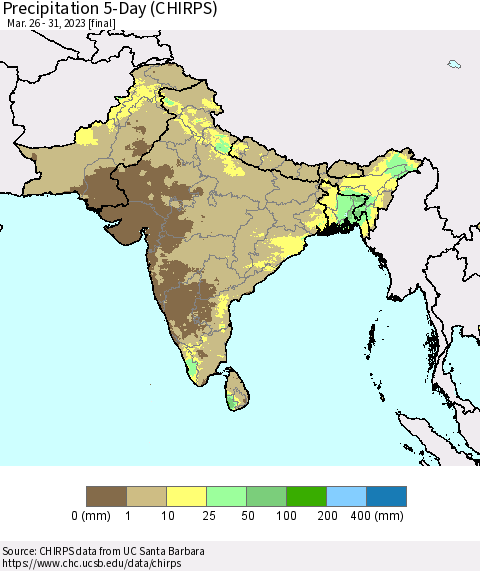 Southern Asia Precipitation 5-Day (CHIRPS) Thematic Map For 3/26/2023 - 3/31/2023