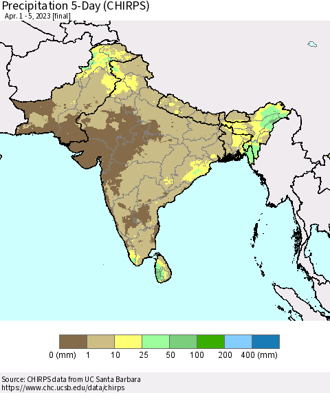 Southern Asia Precipitation 5-Day (CHIRPS) Thematic Map For 4/1/2023 - 4/5/2023