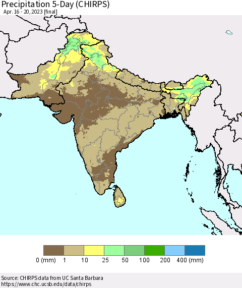Southern Asia Precipitation 5-Day (CHIRPS) Thematic Map For 4/16/2023 - 4/20/2023