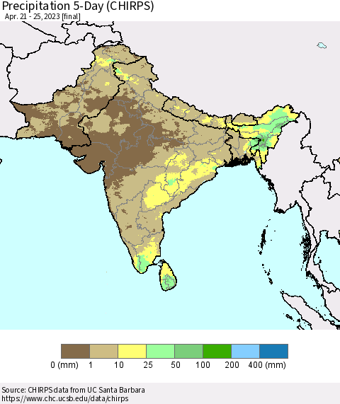 Southern Asia Precipitation 5-Day (CHIRPS) Thematic Map For 4/21/2023 - 4/25/2023