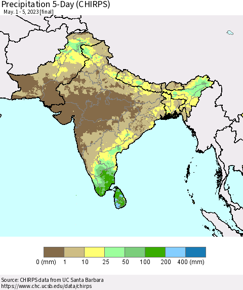 Southern Asia Precipitation 5-Day (CHIRPS) Thematic Map For 5/1/2023 - 5/5/2023
