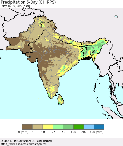 Southern Asia Precipitation 5-Day (CHIRPS) Thematic Map For 5/16/2023 - 5/20/2023