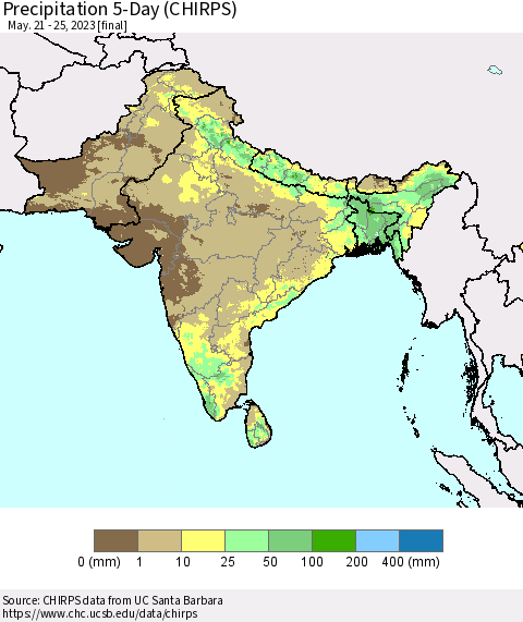 Southern Asia Precipitation 5-Day (CHIRPS) Thematic Map For 5/21/2023 - 5/25/2023