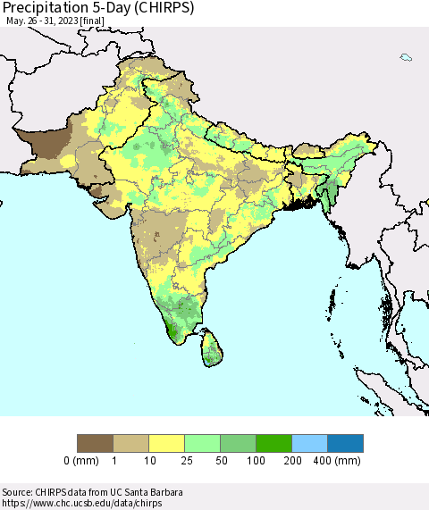 Southern Asia Precipitation 5-Day (CHIRPS) Thematic Map For 5/26/2023 - 5/31/2023