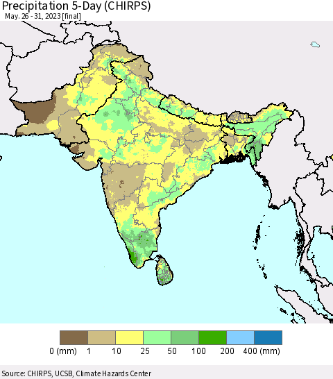 Southern Asia Precipitation 5-Day (CHIRPS) Thematic Map For 5/26/2023 - 5/31/2023