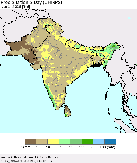 Southern Asia Precipitation 5-Day (CHIRPS) Thematic Map For 6/1/2023 - 6/5/2023
