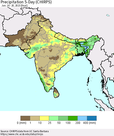 Southern Asia Precipitation 5-Day (CHIRPS) Thematic Map For 6/16/2023 - 6/20/2023