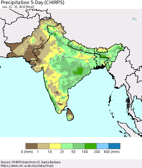 Southern Asia Precipitation 5-Day (CHIRPS) Thematic Map For 6/21/2023 - 6/25/2023