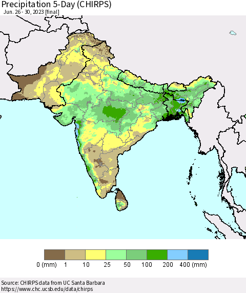 Southern Asia Precipitation 5-Day (CHIRPS) Thematic Map For 6/26/2023 - 6/30/2023