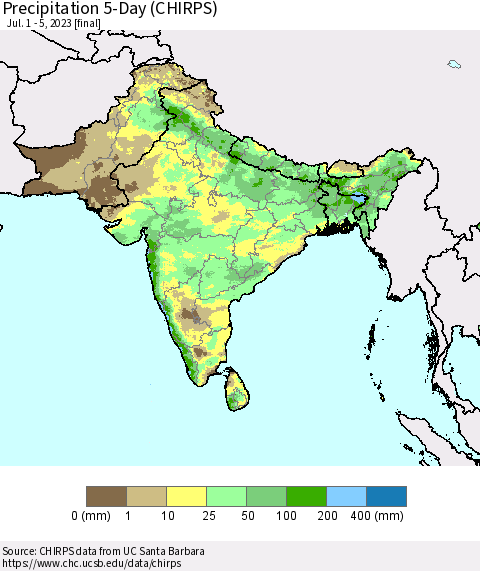 Southern Asia Precipitation 5-Day (CHIRPS) Thematic Map For 7/1/2023 - 7/5/2023