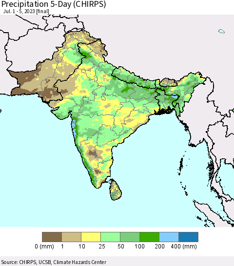 Southern Asia Precipitation 5-Day (CHIRPS) Thematic Map For 7/1/2023 - 7/5/2023