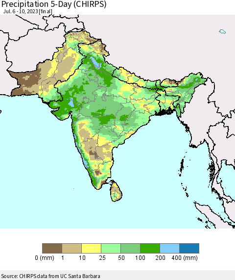 Southern Asia Precipitation 5-Day (CHIRPS) Thematic Map For 7/6/2023 - 7/10/2023