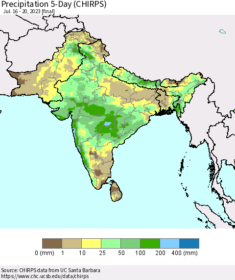 Southern Asia Precipitation 5-Day (CHIRPS) Thematic Map For 7/16/2023 - 7/20/2023