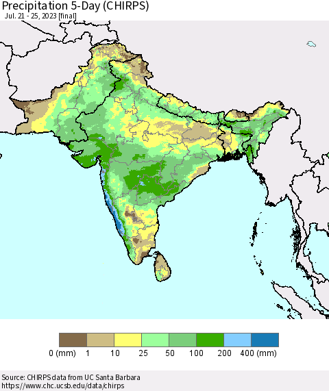 Southern Asia Precipitation 5-Day (CHIRPS) Thematic Map For 7/21/2023 - 7/25/2023