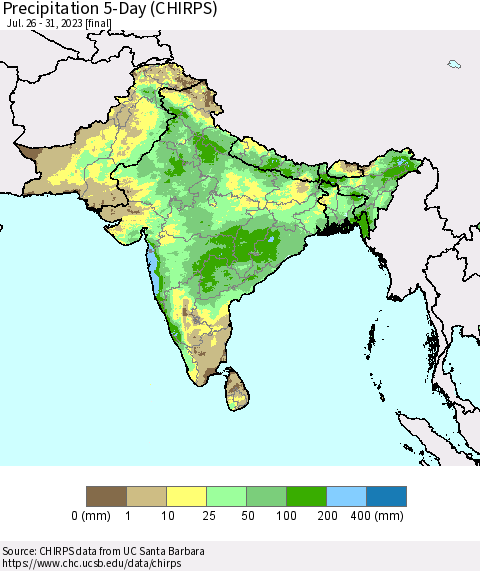 Southern Asia Precipitation 5-Day (CHIRPS) Thematic Map For 7/26/2023 - 7/31/2023