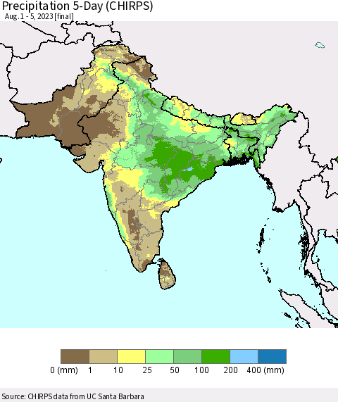 Southern Asia Precipitation 5-Day (CHIRPS) Thematic Map For 8/1/2023 - 8/5/2023