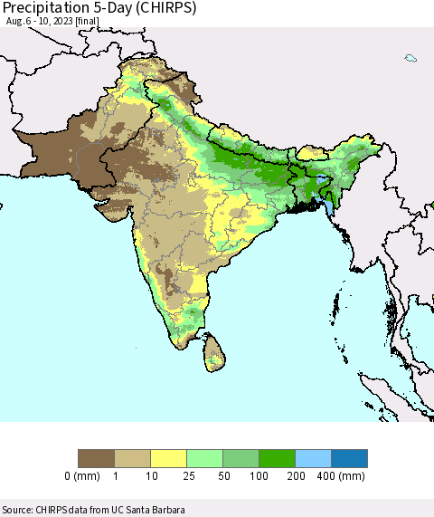 Southern Asia Precipitation 5-Day (CHIRPS) Thematic Map For 8/6/2023 - 8/10/2023