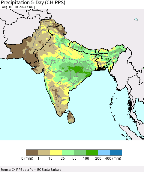 Southern Asia Precipitation 5-Day (CHIRPS) Thematic Map For 8/16/2023 - 8/20/2023