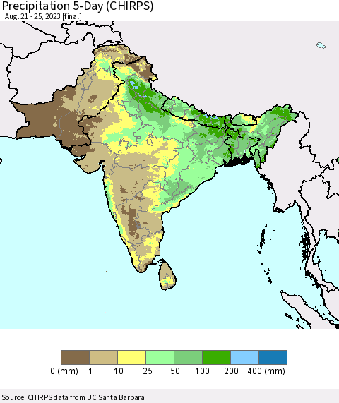 Southern Asia Precipitation 5-Day (CHIRPS) Thematic Map For 8/21/2023 - 8/25/2023