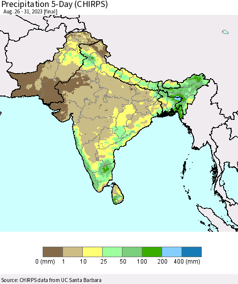 Southern Asia Precipitation 5-Day (CHIRPS) Thematic Map For 8/26/2023 - 8/31/2023