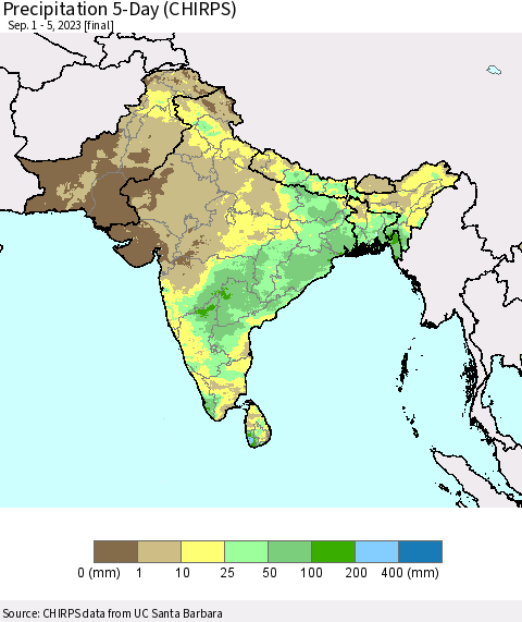Southern Asia Precipitation 5-Day (CHIRPS) Thematic Map For 9/1/2023 - 9/5/2023