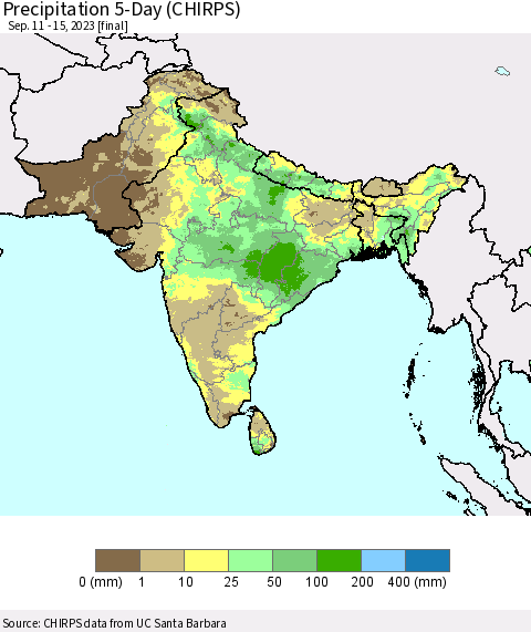 Southern Asia Precipitation 5-Day (CHIRPS) Thematic Map For 9/11/2023 - 9/15/2023