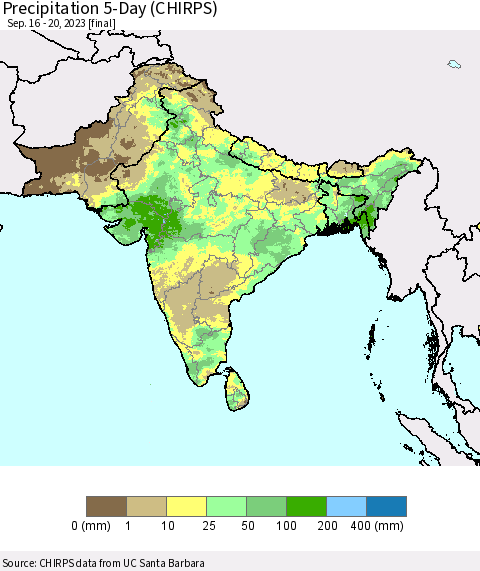 Southern Asia Precipitation 5-Day (CHIRPS) Thematic Map For 9/16/2023 - 9/20/2023