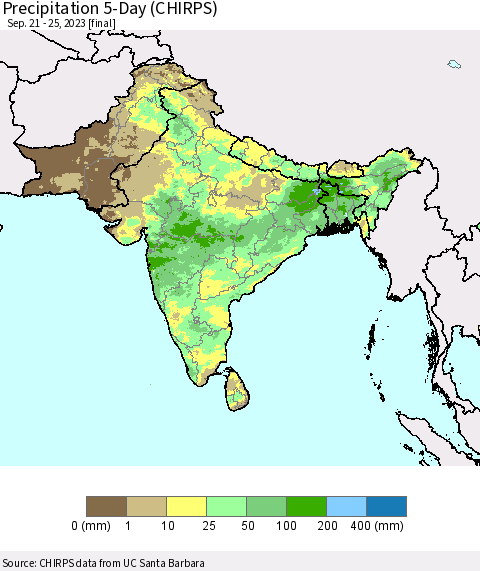 Southern Asia Precipitation 5-Day (CHIRPS) Thematic Map For 9/21/2023 - 9/25/2023