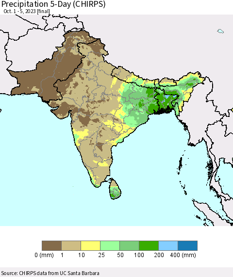 Southern Asia Precipitation 5-Day (CHIRPS) Thematic Map For 10/1/2023 - 10/5/2023