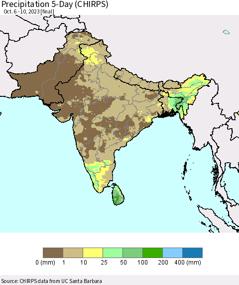 Southern Asia Precipitation 5-Day (CHIRPS) Thematic Map For 10/6/2023 - 10/10/2023