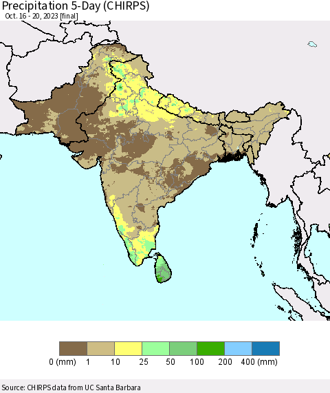 Southern Asia Precipitation 5-Day (CHIRPS) Thematic Map For 10/16/2023 - 10/20/2023