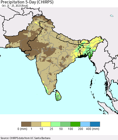 Southern Asia Precipitation 5-Day (CHIRPS) Thematic Map For 10/21/2023 - 10/25/2023
