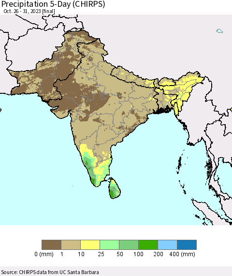 Southern Asia Precipitation 5-Day (CHIRPS) Thematic Map For 10/26/2023 - 10/31/2023