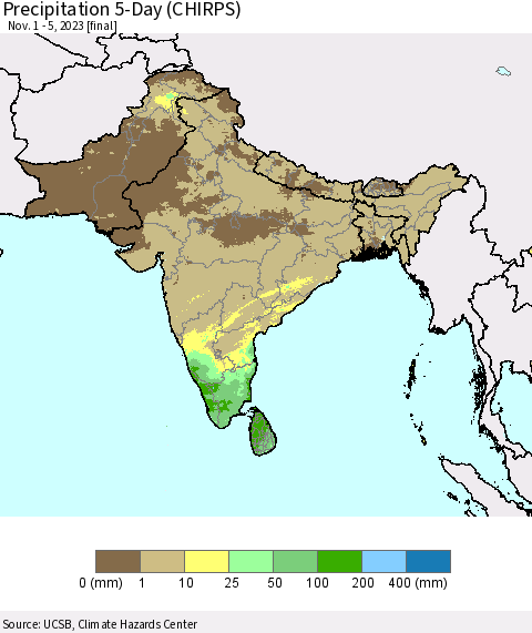 Southern Asia Precipitation 5-Day (CHIRPS) Thematic Map For 11/1/2023 - 11/5/2023