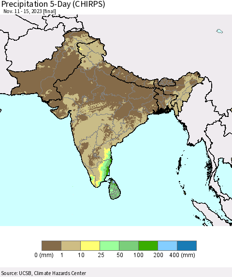 Southern Asia Precipitation 5-Day (CHIRPS) Thematic Map For 11/11/2023 - 11/15/2023