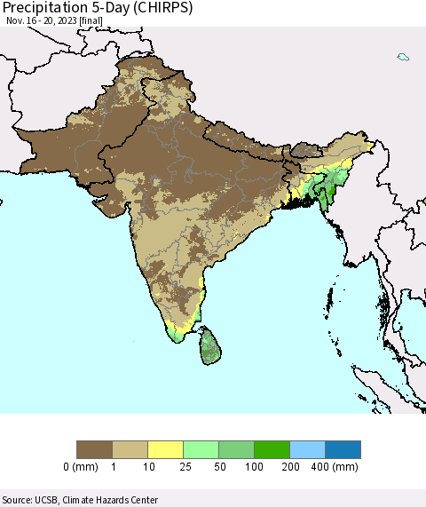 Southern Asia Precipitation 5-Day (CHIRPS) Thematic Map For 11/16/2023 - 11/20/2023