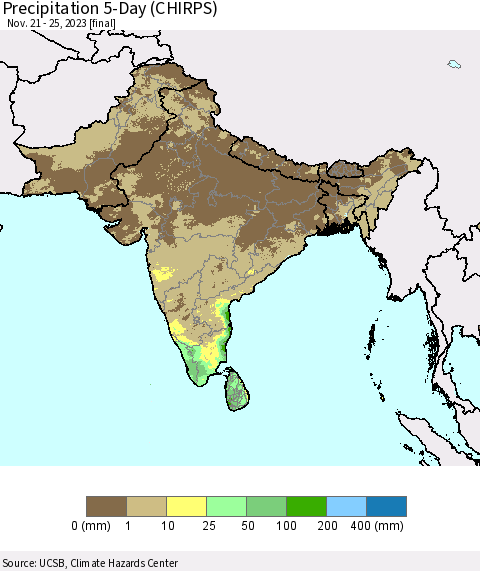 Southern Asia Precipitation 5-Day (CHIRPS) Thematic Map For 11/21/2023 - 11/25/2023