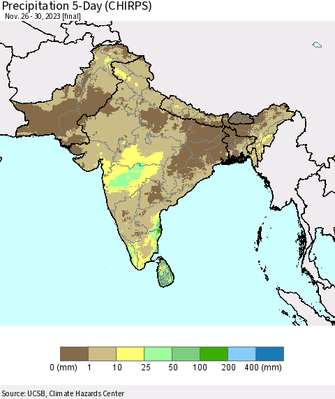 Southern Asia Precipitation 5-Day (CHIRPS) Thematic Map For 11/26/2023 - 11/30/2023