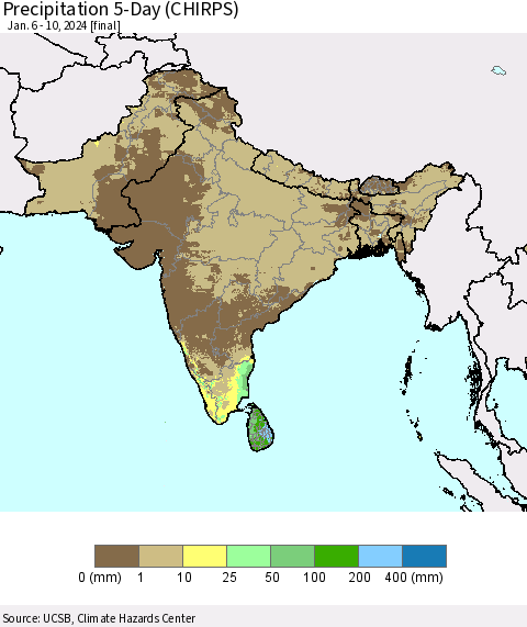 Southern Asia Precipitation 5-Day (CHIRPS) Thematic Map For 1/6/2024 - 1/10/2024