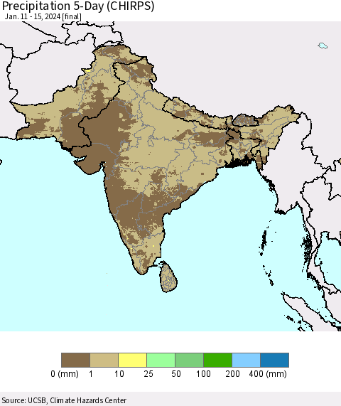 Southern Asia Precipitation 5-Day (CHIRPS) Thematic Map For 1/11/2024 - 1/15/2024