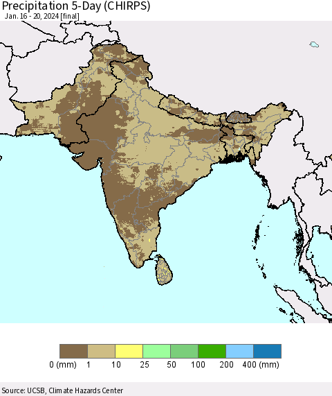 Southern Asia Precipitation 5-Day (CHIRPS) Thematic Map For 1/16/2024 - 1/20/2024