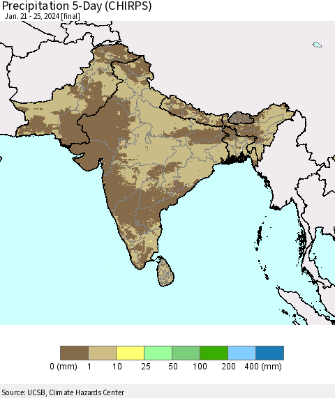 Southern Asia Precipitation 5-Day (CHIRPS) Thematic Map For 1/21/2024 - 1/25/2024