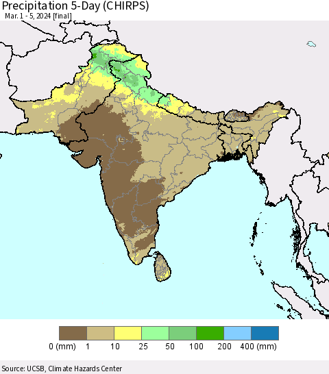 Southern Asia Precipitation 5-Day (CHIRPS) Thematic Map For 3/1/2024 - 3/5/2024