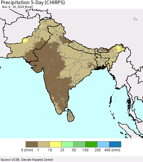 Southern Asia Precipitation 5-Day (CHIRPS) Thematic Map For 3/6/2024 - 3/10/2024