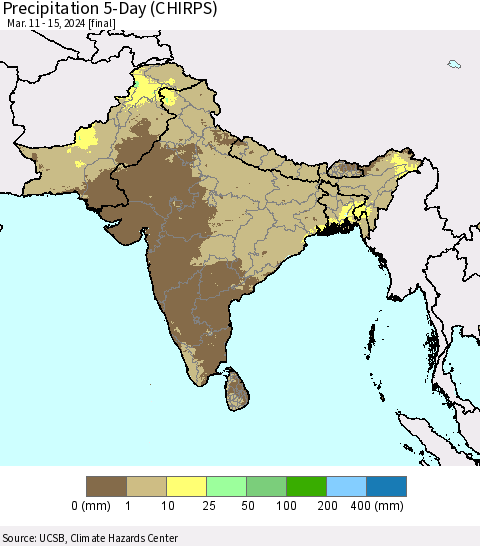 Southern Asia Precipitation 5-Day (CHIRPS) Thematic Map For 3/11/2024 - 3/15/2024