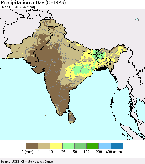 Southern Asia Precipitation 5-Day (CHIRPS) Thematic Map For 3/16/2024 - 3/20/2024