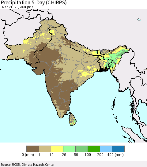 Southern Asia Precipitation 5-Day (CHIRPS) Thematic Map For 3/21/2024 - 3/25/2024