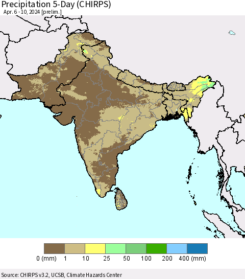 Southern Asia Precipitation 5-Day (CHIRPS) Thematic Map For 4/6/2024 - 4/10/2024