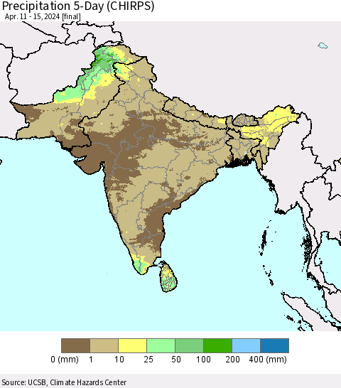 Southern Asia Precipitation 5-Day (CHIRPS) Thematic Map For 4/11/2024 - 4/15/2024